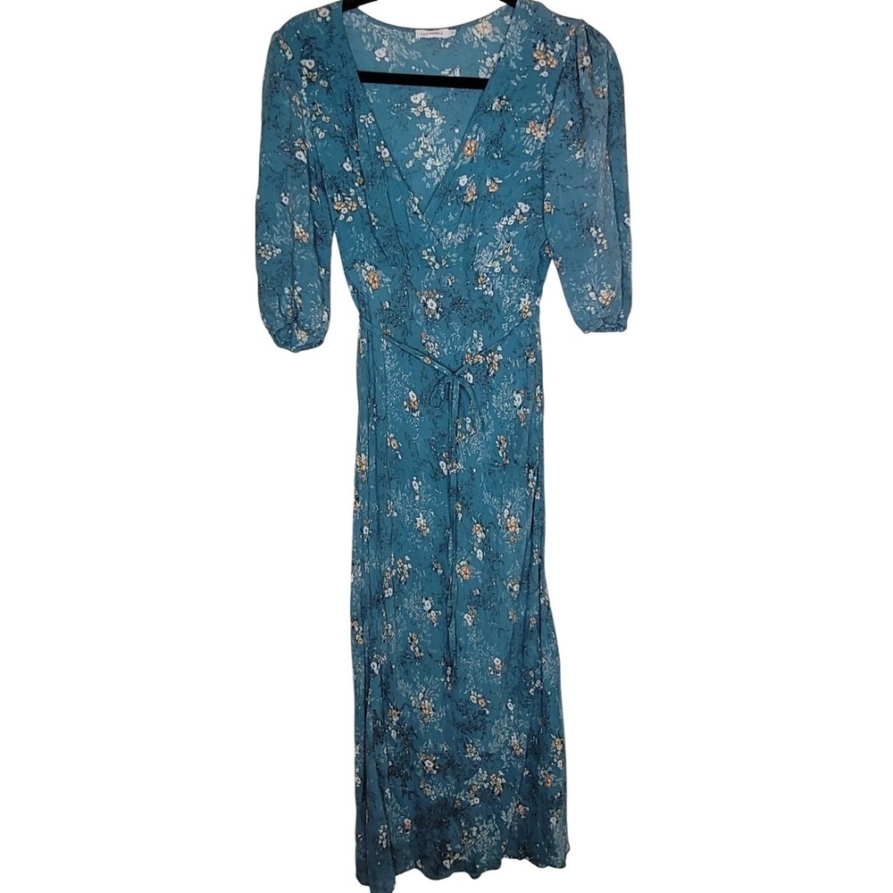 Lily‎ Ashwell S Blue Floral Wrap Dress Long Tie Waist Ruffle Puff Sleeve 40's